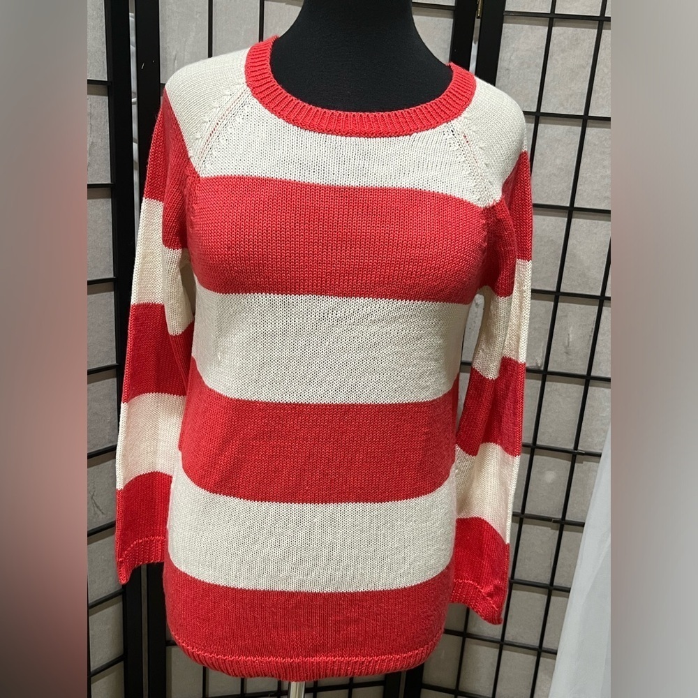 JOE FRESH PINK & WHITE CLASSIC STRIPE CREWNECK PREPPY SWEATER, WOMEN SIZE M